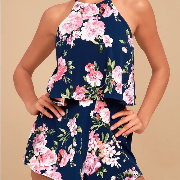 NEVER WORN Navy Blue And Floral Print Lulus Romper - Picture 1 of 4